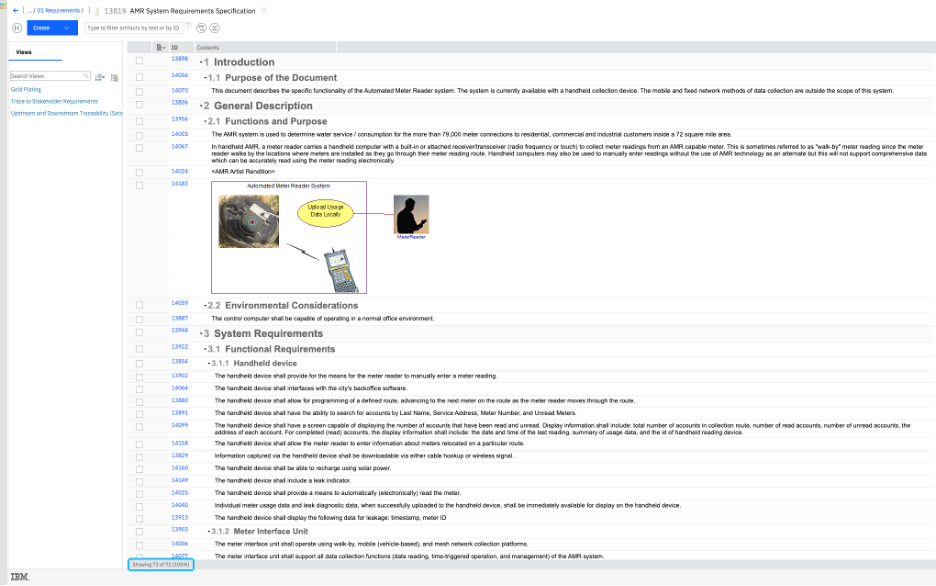 The module with its default columns: 72 of 72 artifacts displayed, with only ID and Contents.