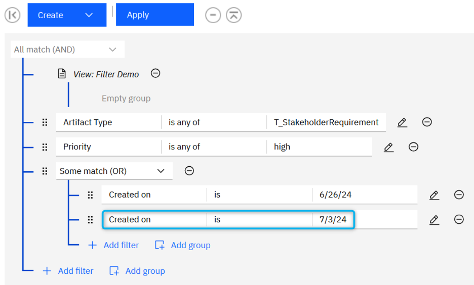A filter combining an OR group with an AND condition in DOORS Next