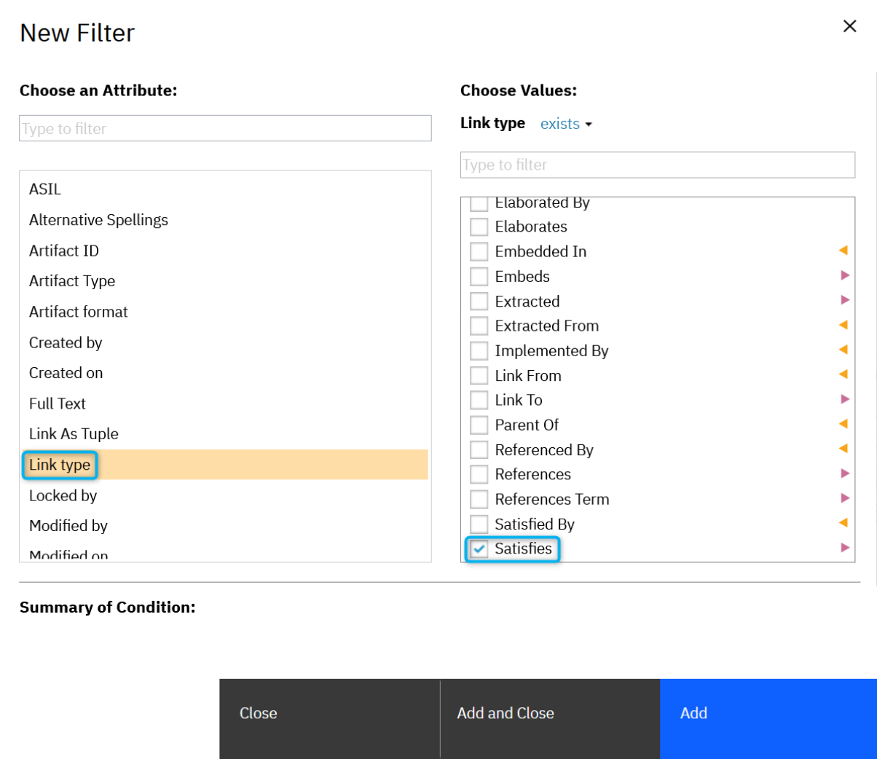 The New Filter dialog to choose a Link type in DOORS Next