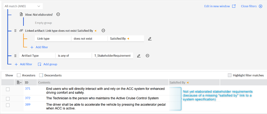 Combining a link filter with an Artifact Type filter to find coverage gaps in IBM DOORS Next