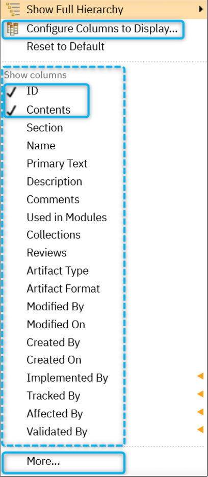 IBM DOORS Next Column Menu
