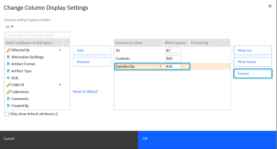 DOORS Next Change Column Display Settings dialog&nbsp;