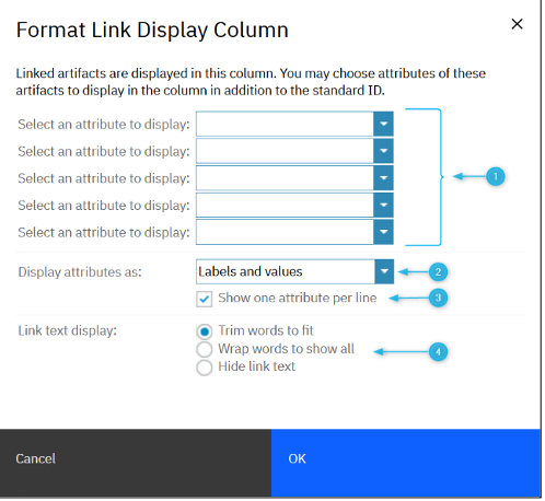DOORS Next's Format Link Display Columns dialog