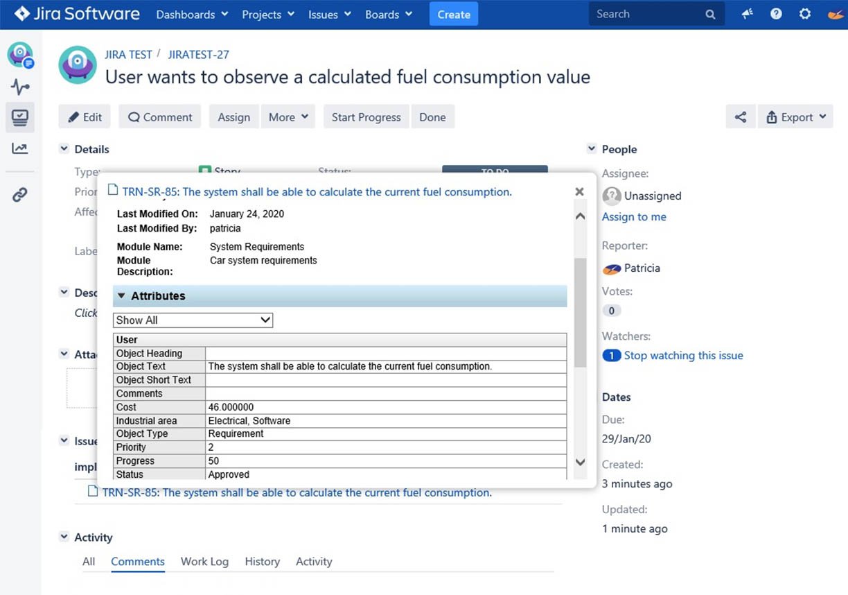View details of the requirements from DOORS inside Jira via a rich hover of DOORS data.