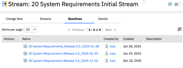 Baseline description in IBM DOORS Next