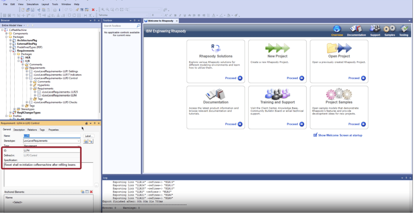SysML requirement elements appear directly in the model
