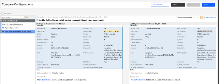 Compare stream to baseline with IBM DOORS Next