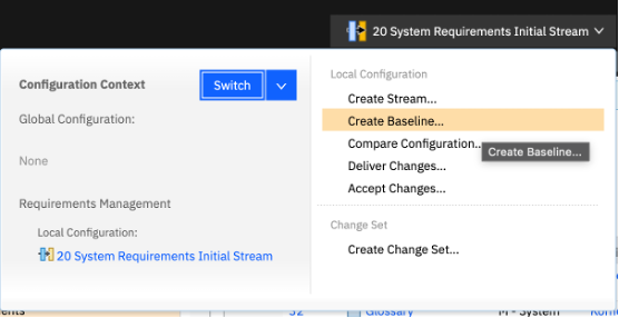 Create a baseline from a stream in IBM DOORS Next