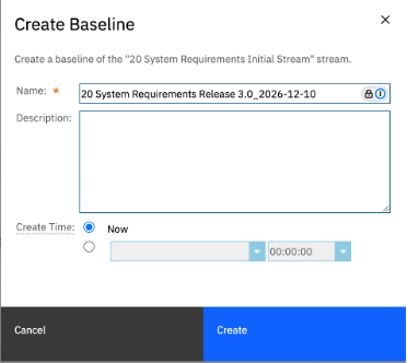 Create a baseline from a stream in IBM DOORS Next