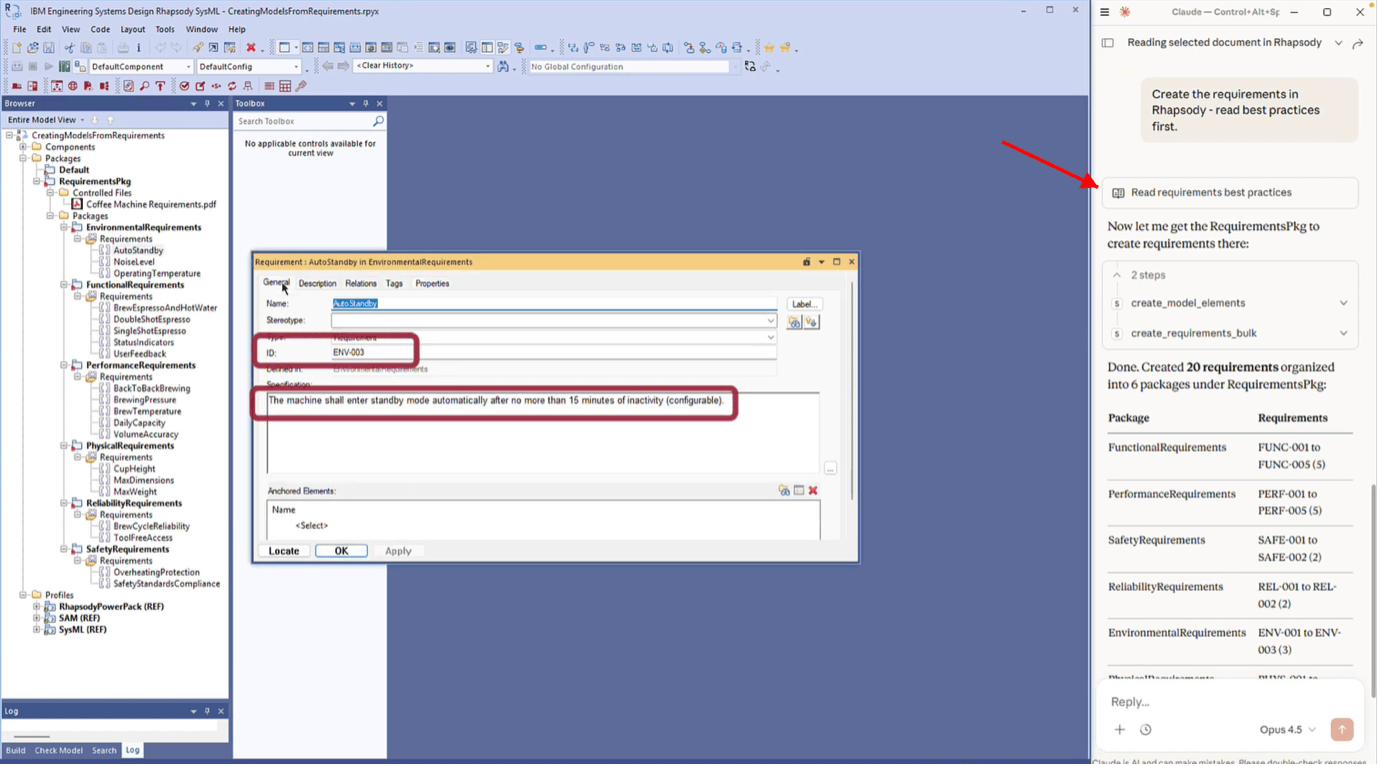 Requirements created as model elements with auto-assigned IDs and package organization in Rhapsody with AI.