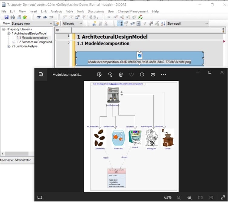 Model elements and diagrams transferred back into the RM tool. Requirements engineers see a representation of the implementing model element directly from their requirement."