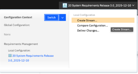 Create a stream from a baseline in IBM DOORS Next