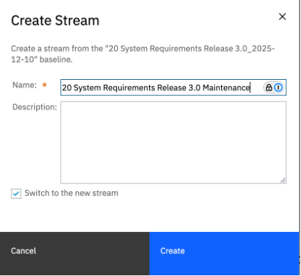 Create a stream from a baseline in IBM DOORS Next