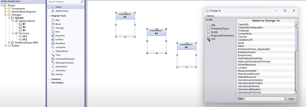 An alternative to the Change To feature with Power Pack for IBM Rhapsody 