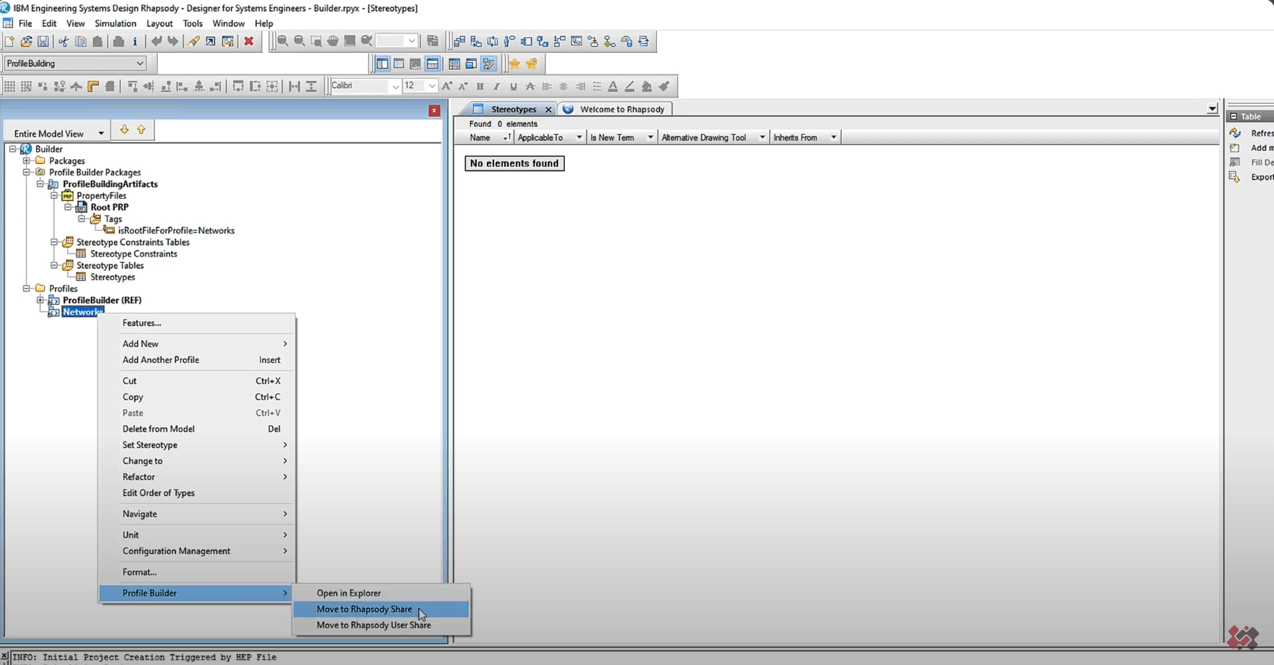 demonstration of profiles moving with Profile Builder for IBM Rhapsody