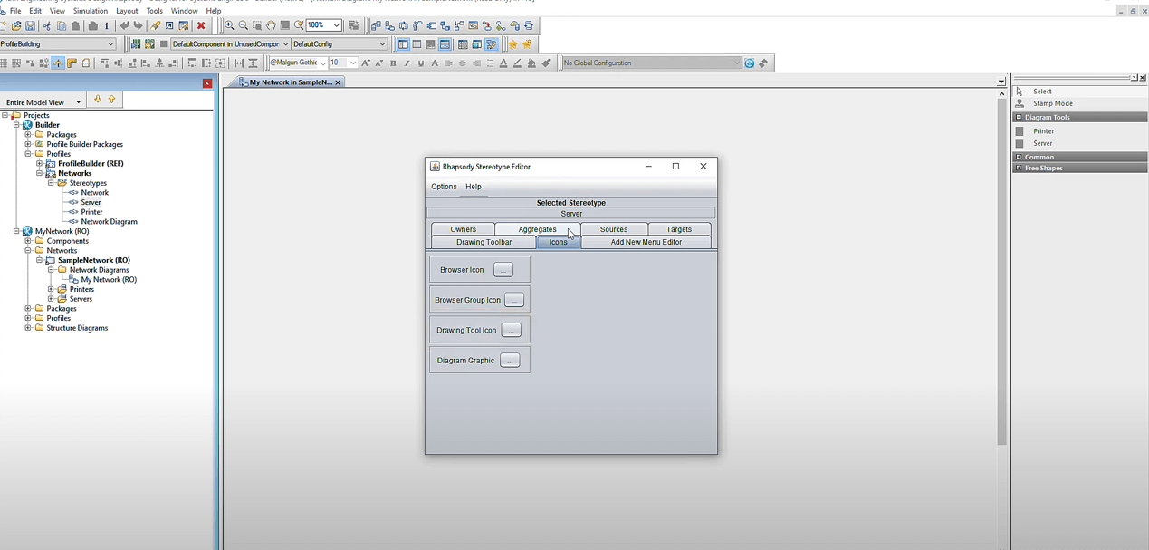 The Stereotype Editor ready to specify new icons