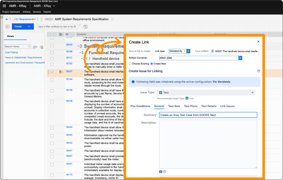 A screenshot showing how to create an Xray test case from an IBM DOORS Next requirement