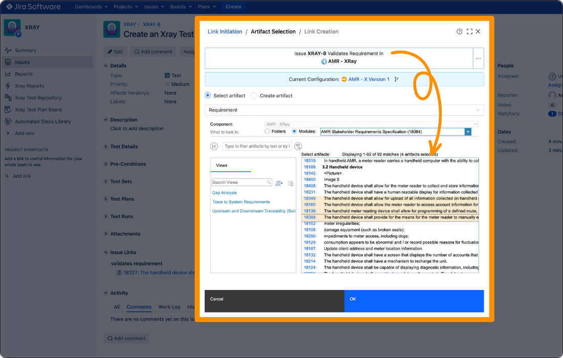 A screenshot showing that OSLC Connect for Jira users can select a requirement from IBM DOORS Next to link it with its associated test case.