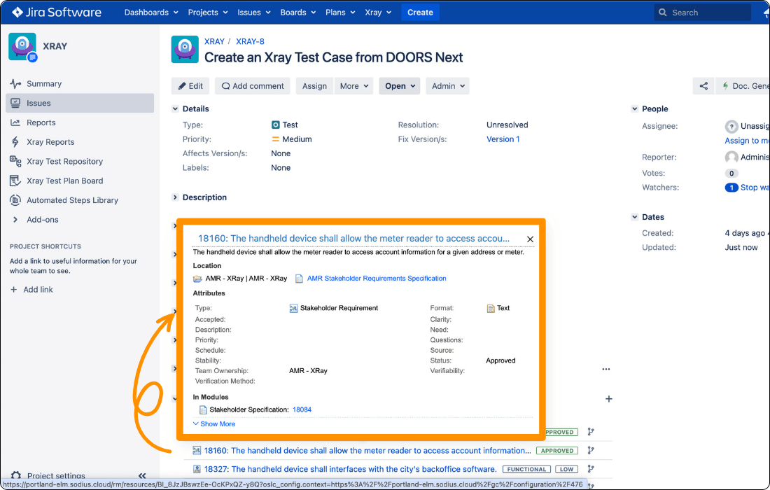 This screenshot shows a preview of an IBM DOORS Next requirement in Xray.
