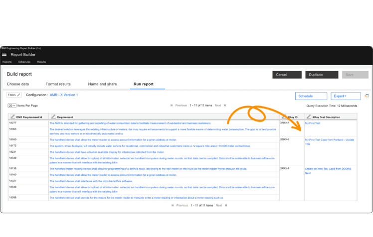 A screenshot from a report in IBM Report Builder that shows the relationship between a requirement in DOORS Next and a test case in Xray Test Management for Jira.