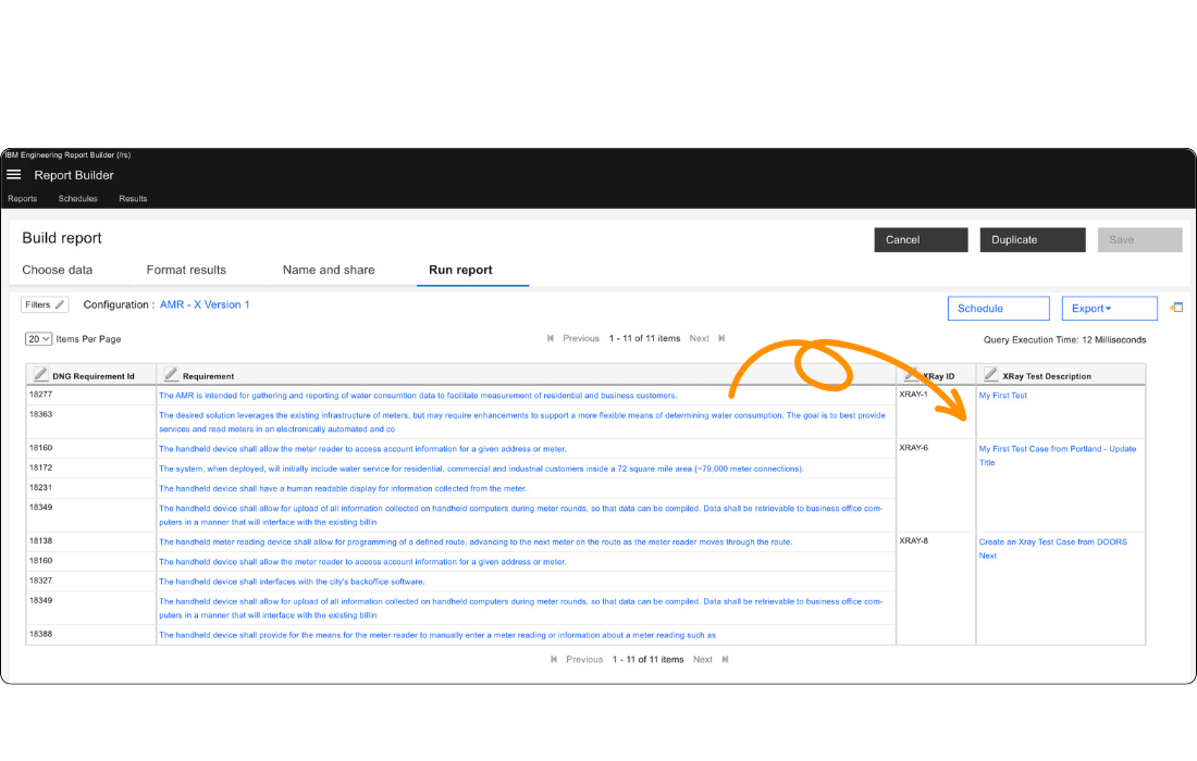 A screenshot from a report in IBM Report Builder that shows the relationship between a requirement in DOORS Next and a test case in Xray Test Management for Jira.