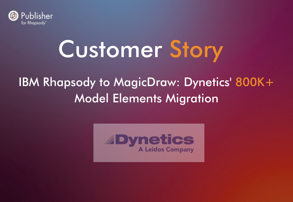 Illustration of a blog article explaining how Dynetics migrated 800K+ SysML elements from IBM Rhapsody to MagicDraw in under 9 hours using Sodius Publisher