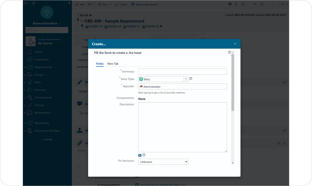 Create Jira tickets from within Polarion_Jira Polarion ALM integration_OSLC Connect for Jira_SodiusWillert_1