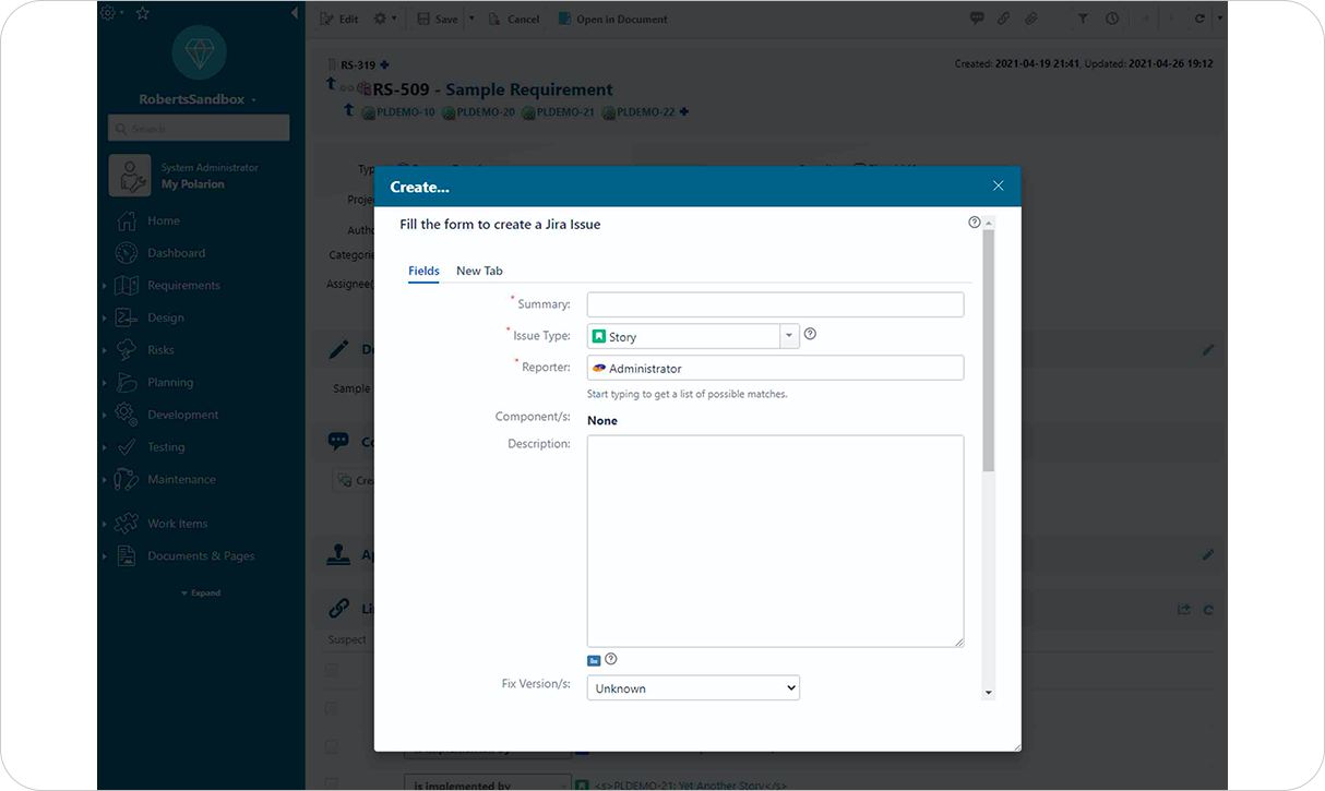 Create Jira tickets from within Polarion_Jira Polarion ALM integration_OSLC Connect for Jira_SodiusWillert_1